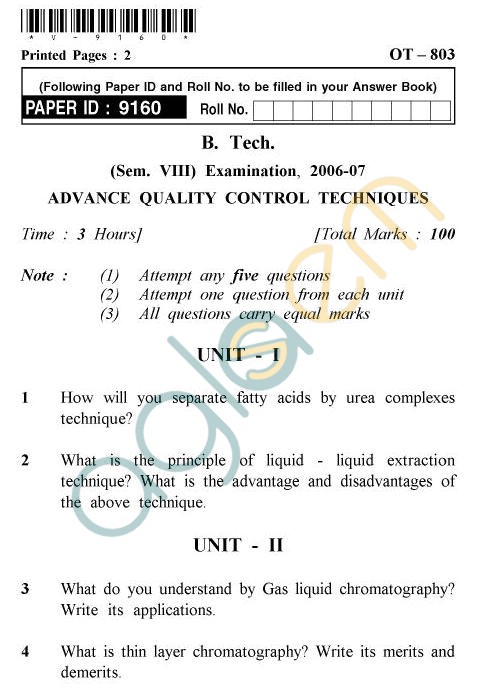 UPTU B.Tech Question Papers - OT-803 - Advance Quality Controls Techniques