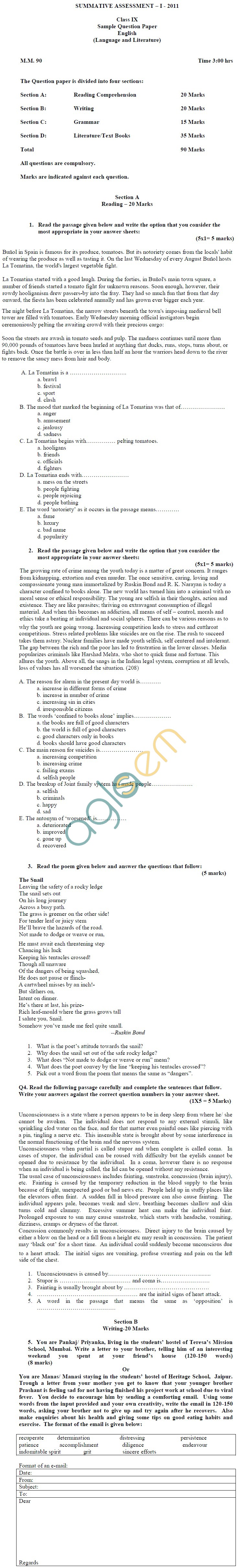 CBSE Board Exam 2013 Sample Papers (SA1) Class IX - English Lang. & Lit.