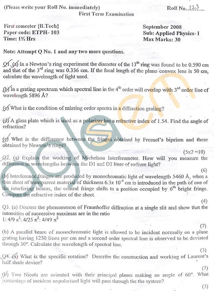GGSIPU: Question Papers First Semester - First Term 2008 - ETPH-103