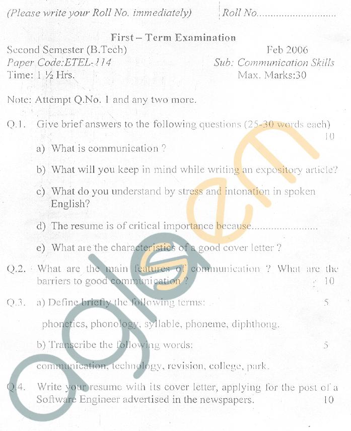 GGSIPU: Question Papers First Semester - First Term 2006 - ETEL-114
