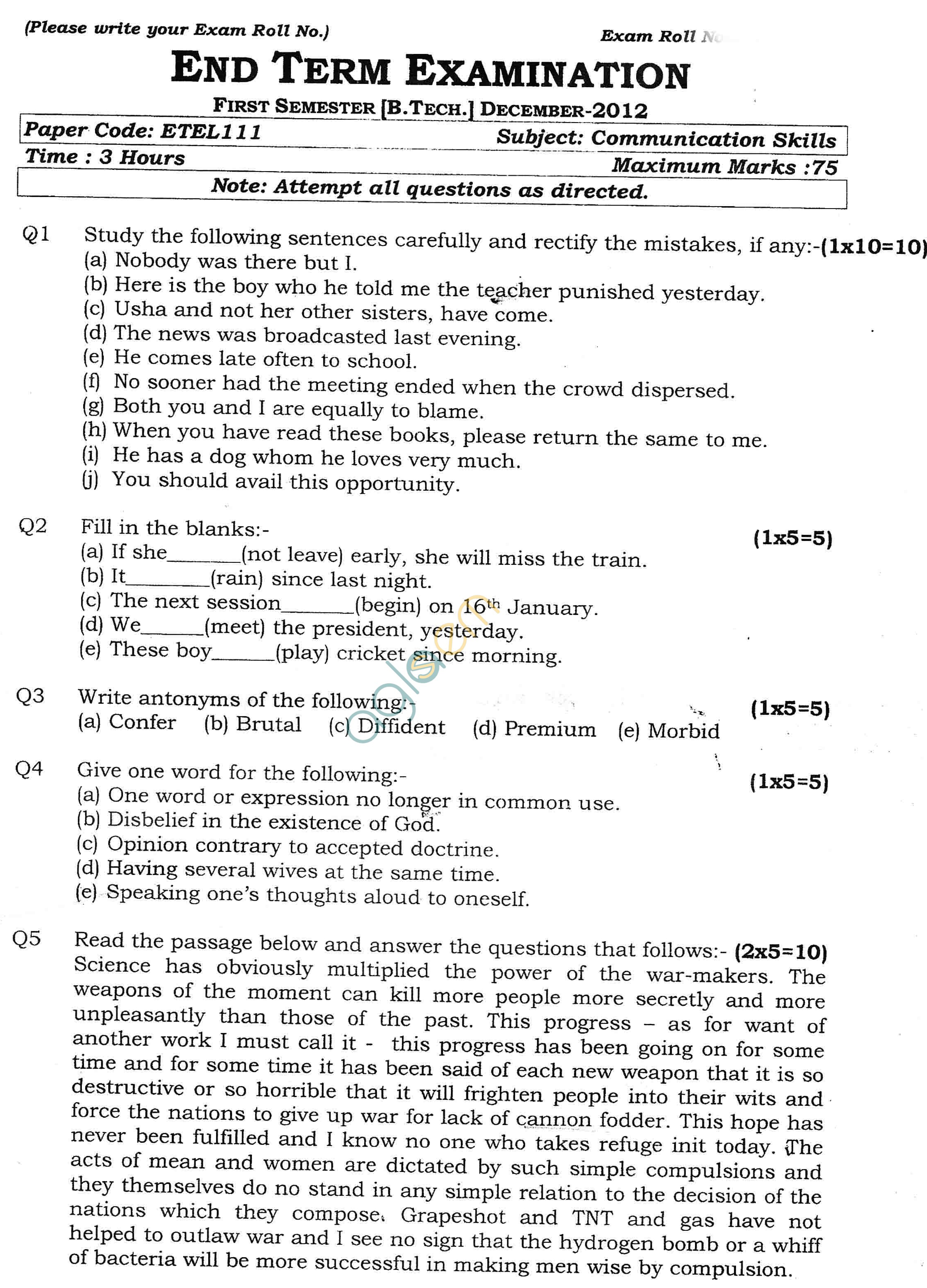 GGSIPU: Question Papers First Semester  end Term 2012  ETEL-111