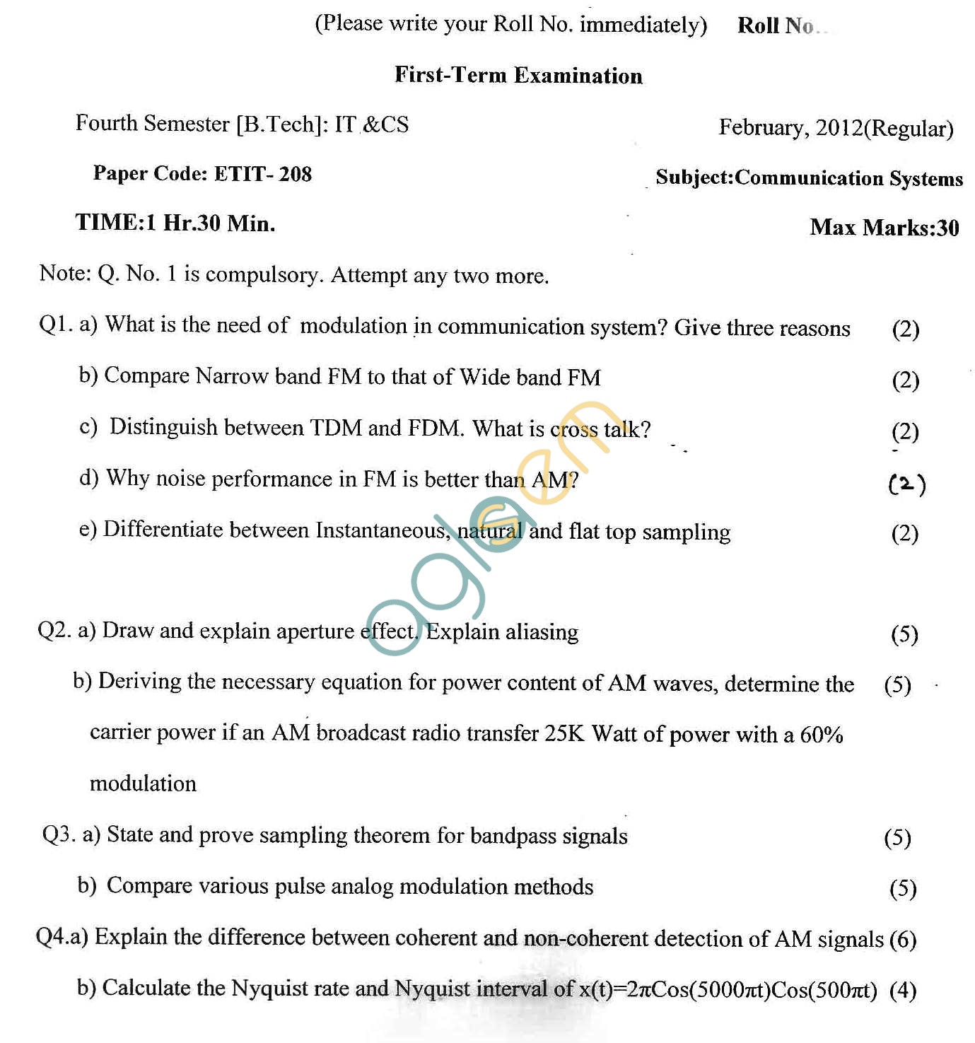 GGSIPU Question Papers Fourth Semester  First Term 2012  ETIT-208