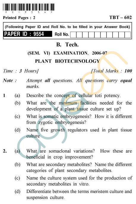 UPTU B.Tech Question Papers - TBT-602 - Plant Biotechnology