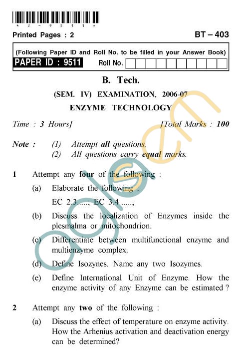 UPTU: B.Tech Question Papers - BT-403 - Enzyme Technology