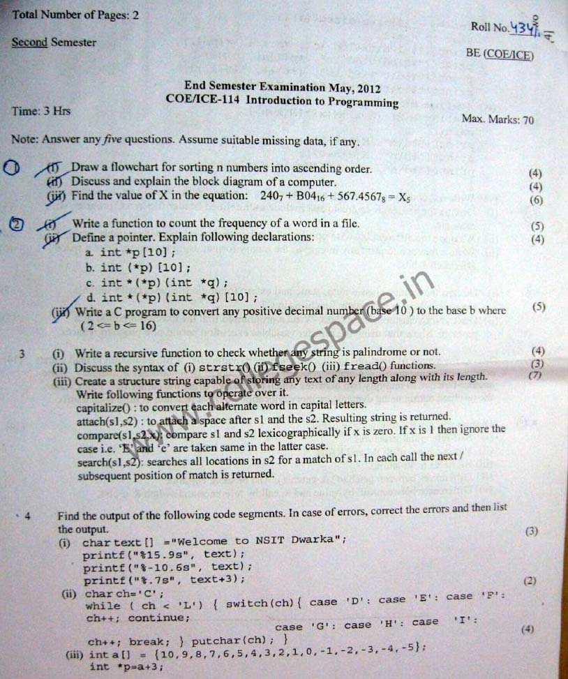 NSIT Question Papers 2012 – 2 Semester - End Sem - COE-ICE-114
