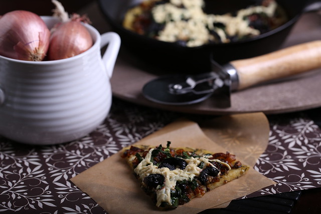 Socca Pizza Crust with Caramelized Shallots and Kale