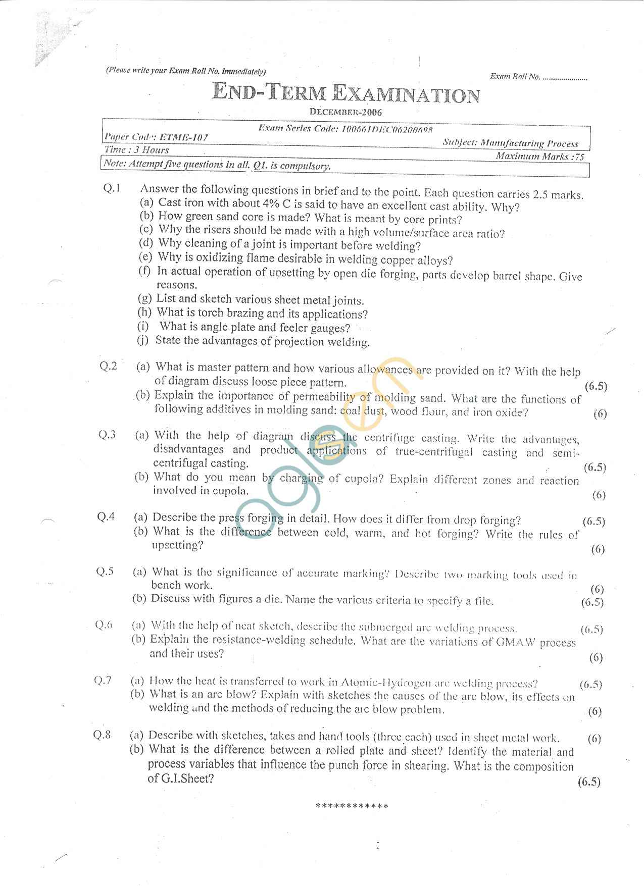 GGSIPU: Question Papers First Semester  end Term 2006  ETME-107
