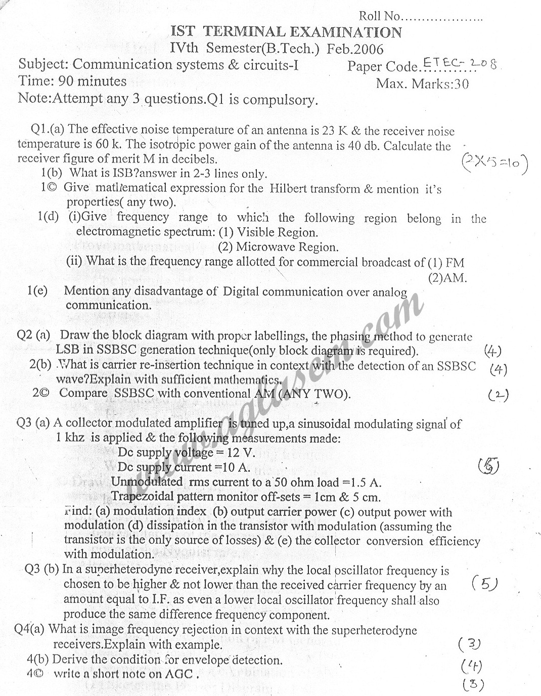 GGSIPU Question Papers Fourth Semester  First Term 2006  ETEC-208