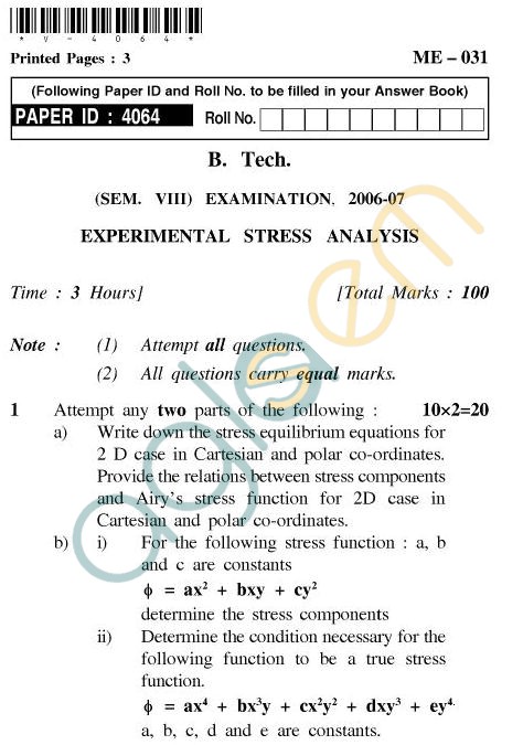 UPTU B.Tech Question Papers - ME-031 - Experimental Stress Analysis