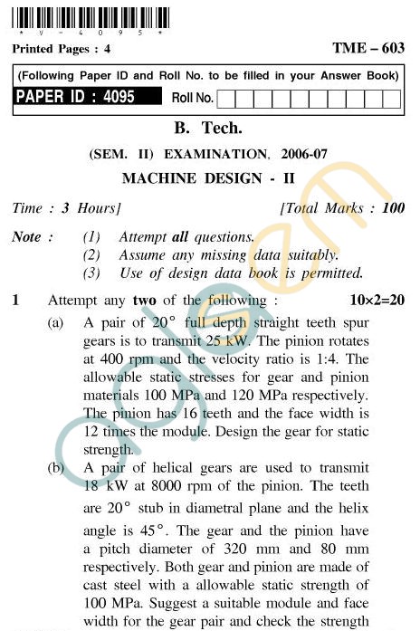 UPTU B.Tech Question Papers - TME-603 - Machine Design-II