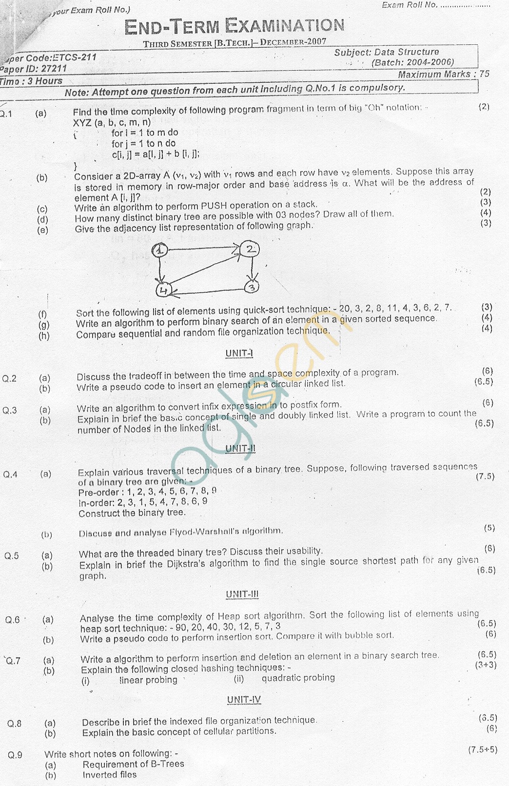 GGSIPU: Question Papers Third Semester – End Term 2007 – ETCS-211