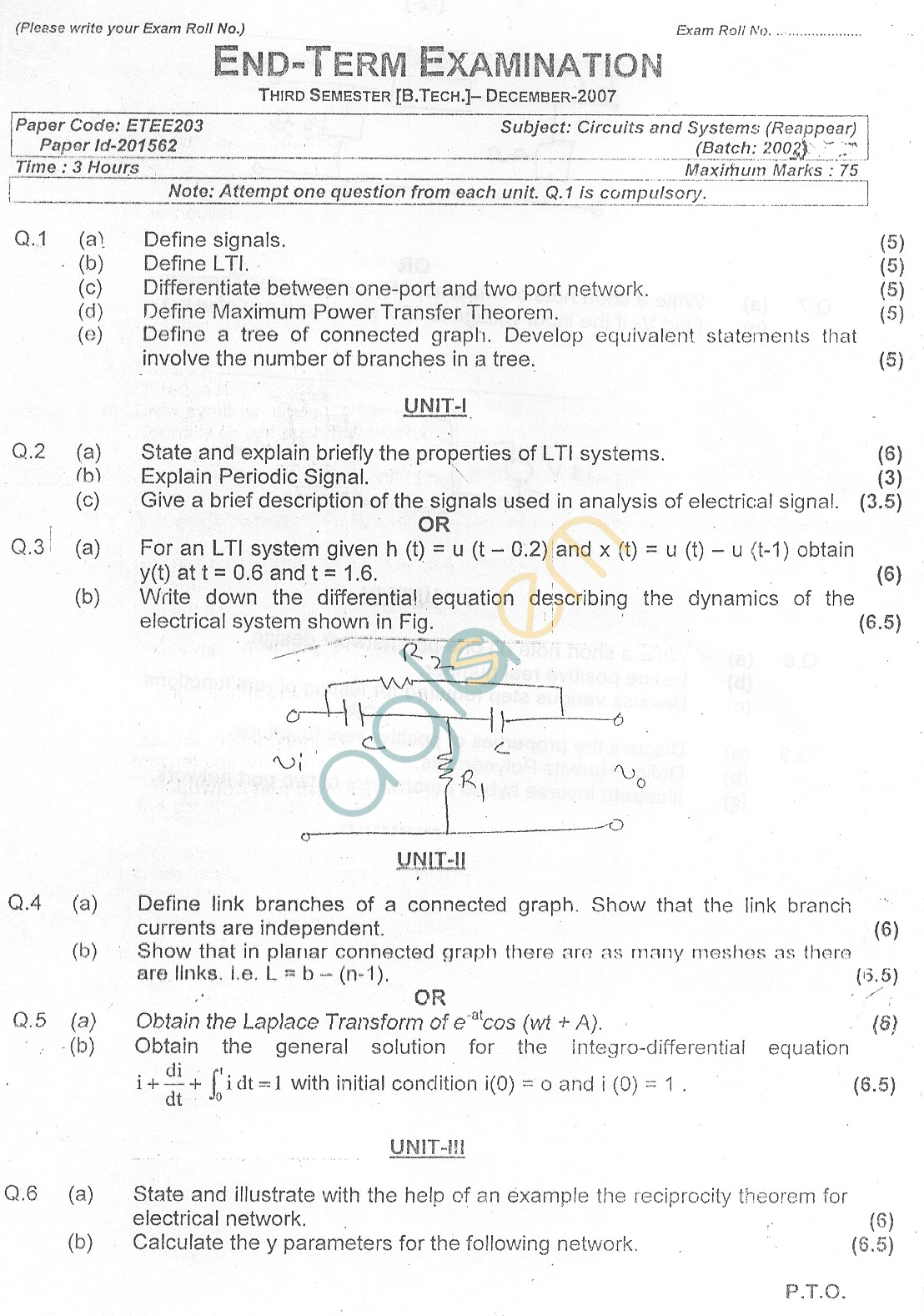 GGSIPU Question Papers Third Semester – End Term 2007 – ETEE-203