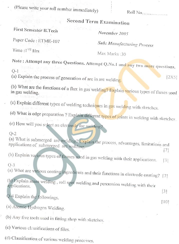 GGSIPU: Question Papers First Semester  Second Term 2005  ETME-107