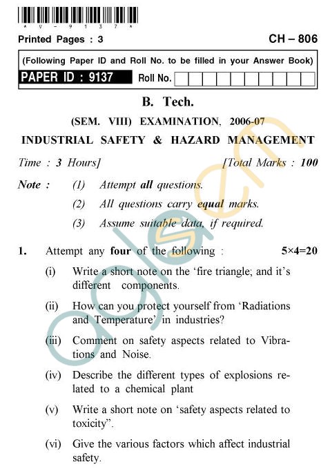 UPTU B.Tech Question Papers - CH-806 - Industrial Safety & Hazard Management