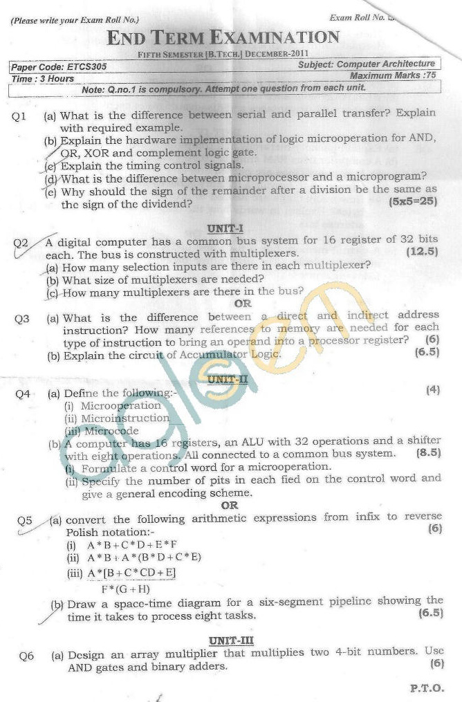 GGSIPU Question Papers Fifth Semester – end Term 2011 – ETCS-305
