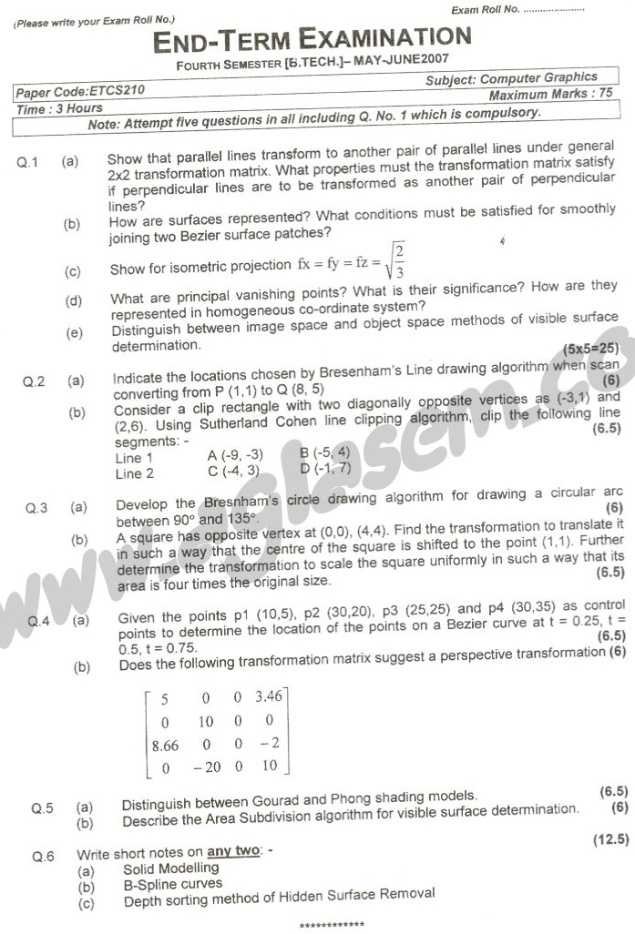 GGSIPU Question Papers Fourth Semester  end Term 2007  ETCS_210