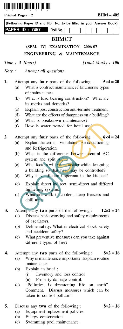 UPTU BHMCT Question Papers -BHM-405-Engineering & Maintenance