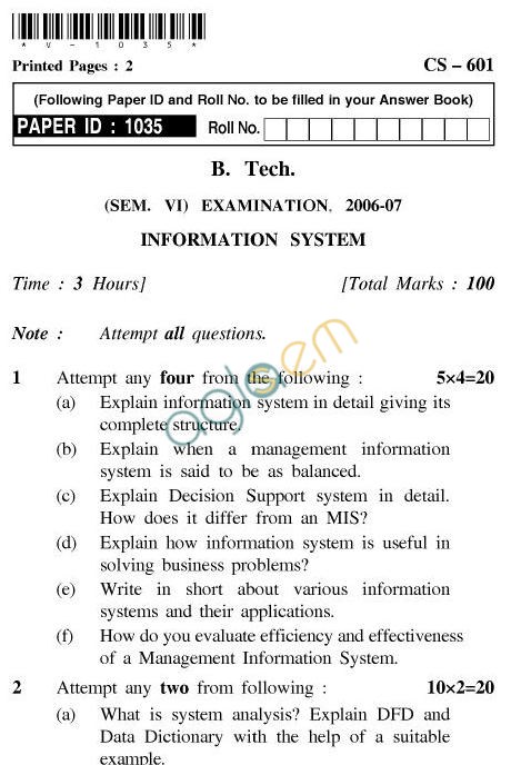 UPTU B.Tech Question Papers - CS-601-Information System