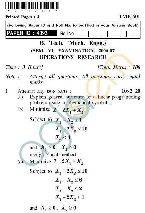 UPTU B.Tech Question Papers - TME-601 - Operations Research