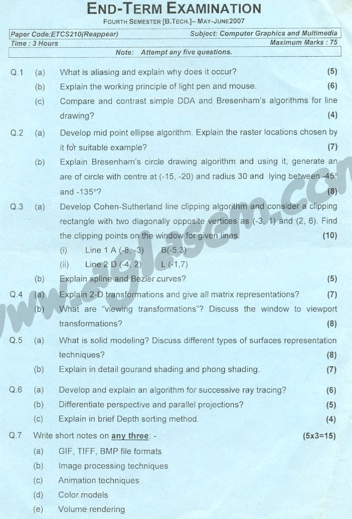 GGSIPU Question Papers Fourth Semester – end Term 2007 – ETCS_210
