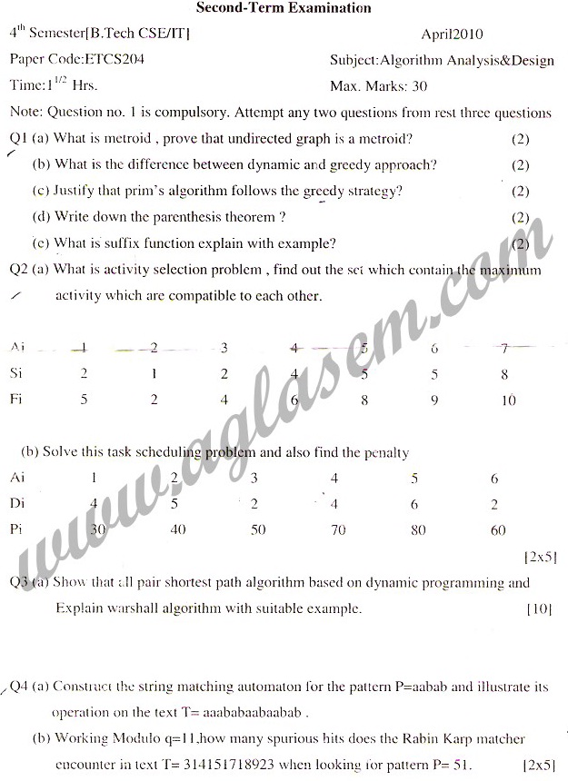 GGSIPU Question Papers Fourth Semester – Second Term 2010 – ETCS-204