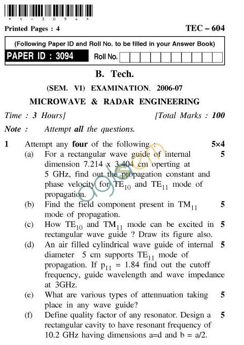 UPTU: B.Tech Question Papers - TEC-604-Microwave Radar Engineering