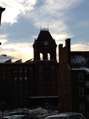 winter sunset building brick tower mill manchester afternoon january newengland newhampshire nh steeple turret queencity millyard amoskeag wondows uploaded:by=flickrmobile flickriosapp:filter=nofilter