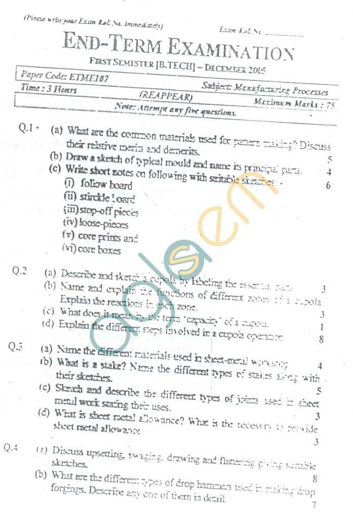 GGSIPU: Question Papers First Semester  end Term 2005  ETME-107