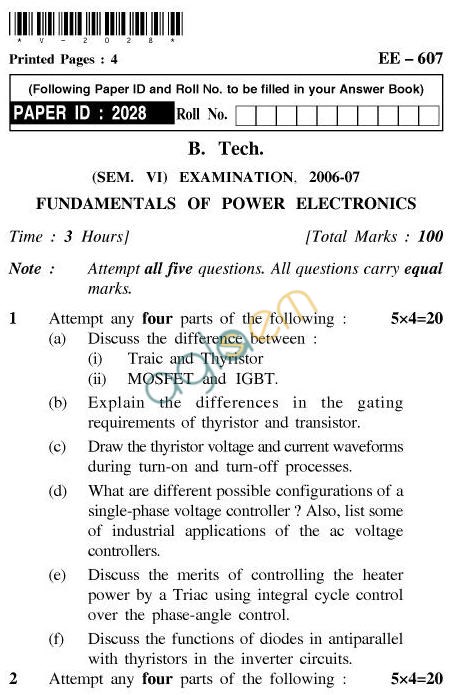 UPTU B.Tech Question Papers - EE-607-Fundamentals of Power Electronics