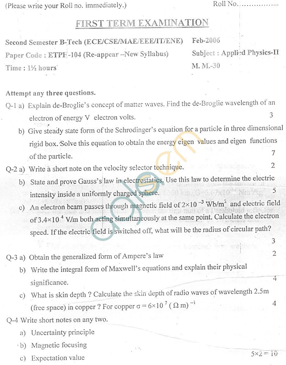 GGSIPU Question Papers Second Semester  First Term 2006  ETPH-104