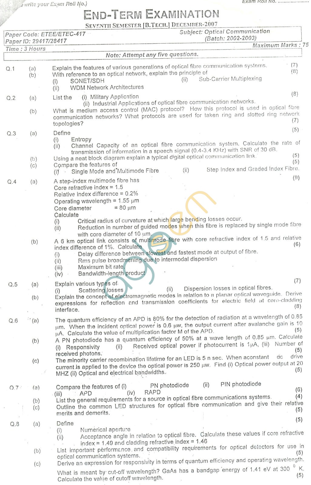 GGSIPU Question Papers Seventh Semester – End Term 2007 – ETEE-417