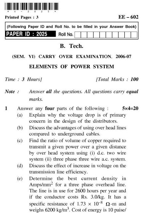 UPTU B.Tech Question Papers - EE-602-Elements of Power System