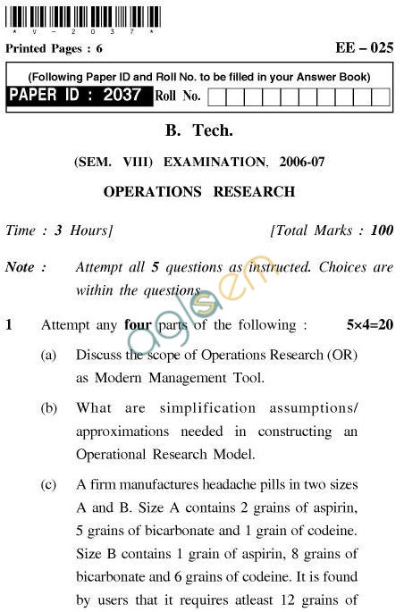 UPTU B.Tech Question Papers - EE-025-Operations Research