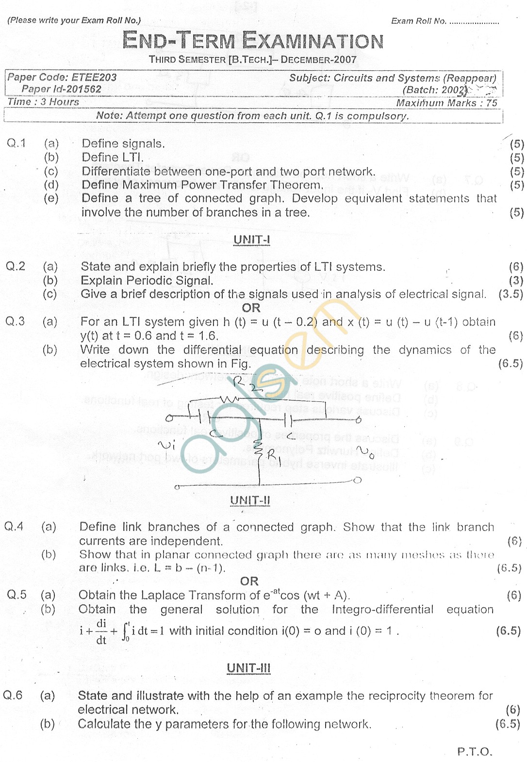 GGSIPU Question Papers Third Semester – End Term 2007 – ETEE-203