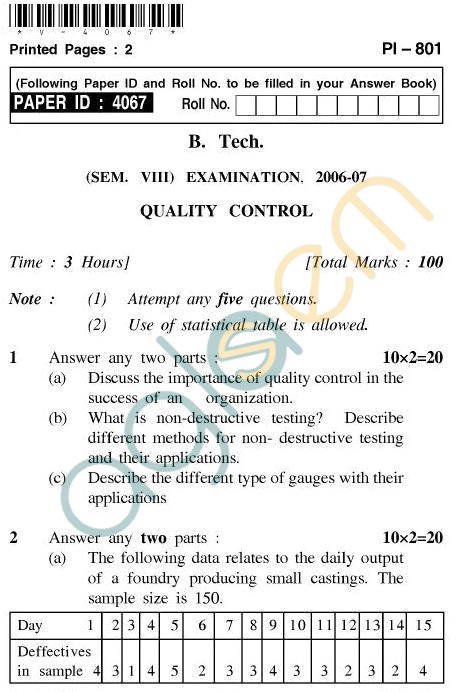 UPTU B.Tech Question Papers - PI-801 - Quality Control