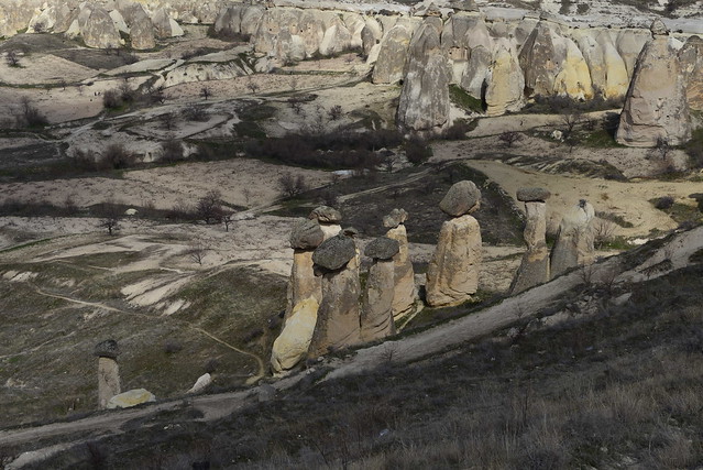 登上 Çavuşin 往山後方看，看到幾個形狀很特殊，意象很尷尬的石頭。