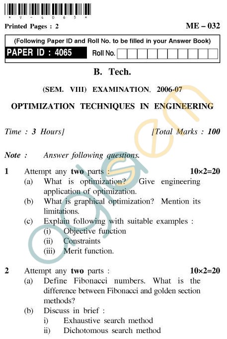 UPTU B.Tech Question Papers - ME-032 - Optimization Techniques in Engineering
