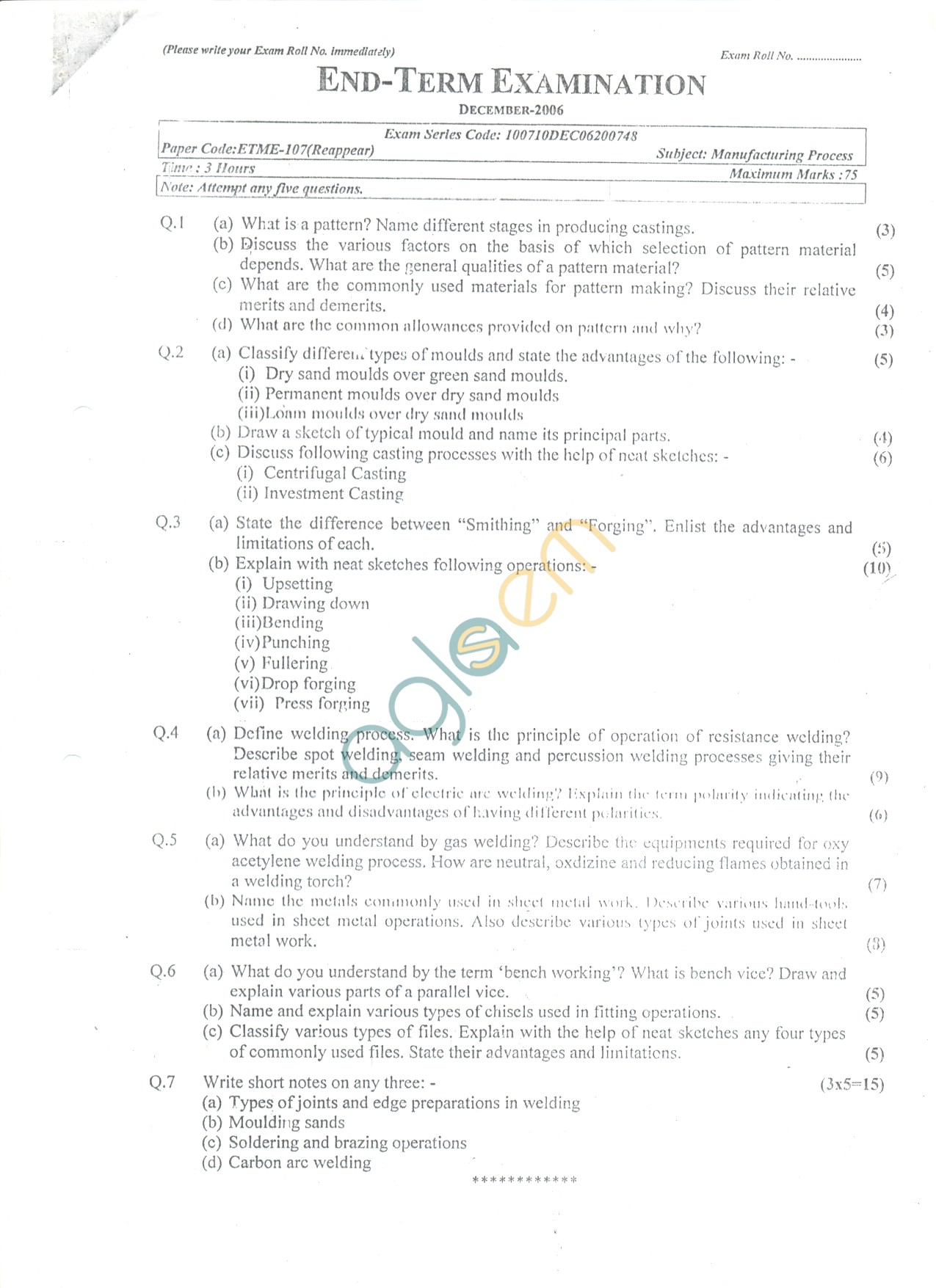 GGSIPU: Question Papers First Semester – end Term 2006 – ETME-107