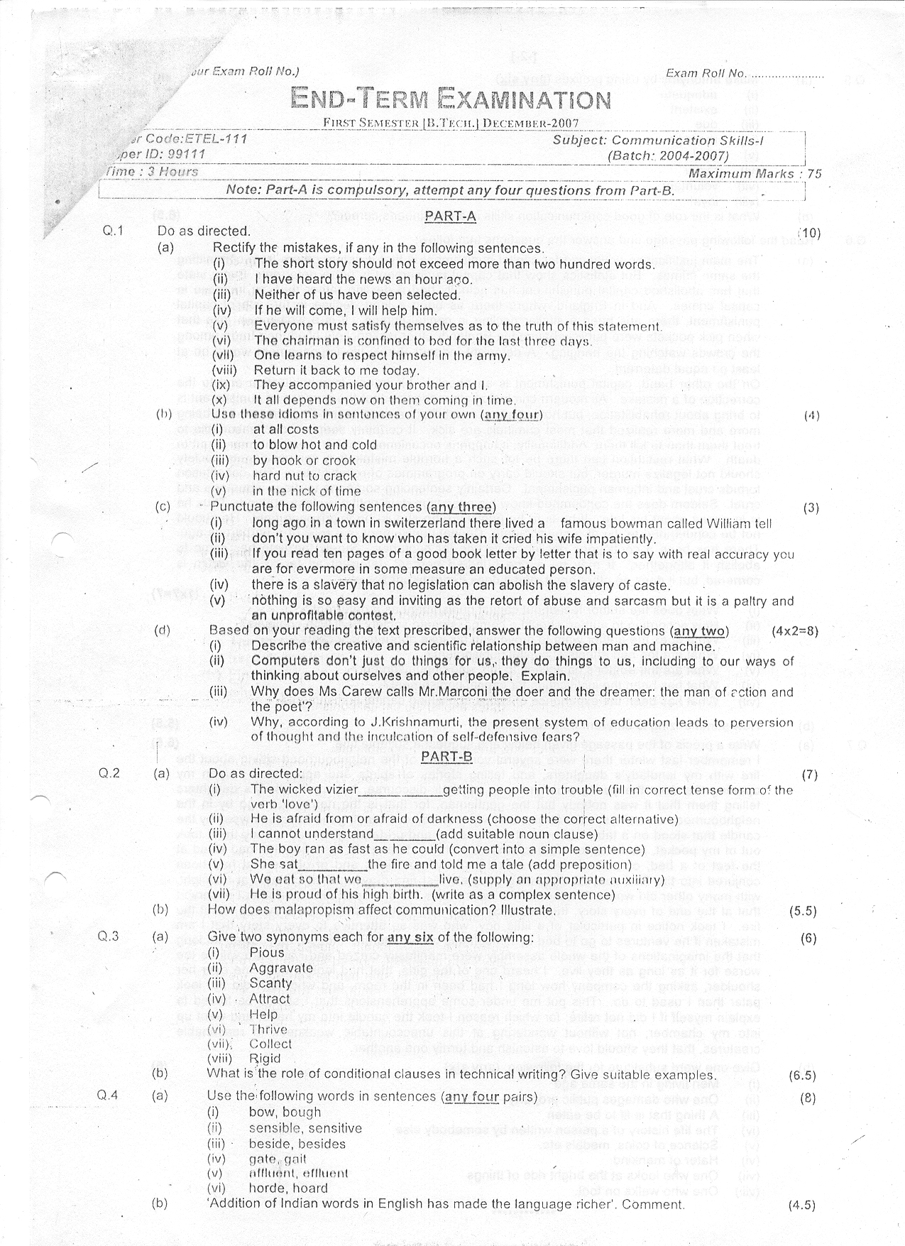 GGSIPU: Question Papers First Semester – end Term 2007 – ETEL-111