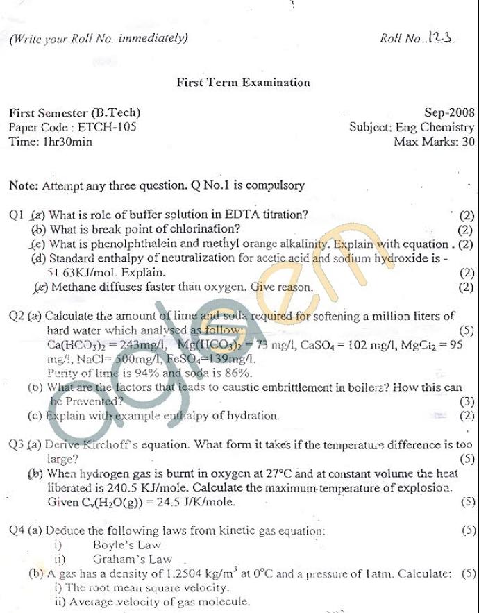 GGSIPU: Question Papers First Semester - First Term 2008 - ETCH-105
