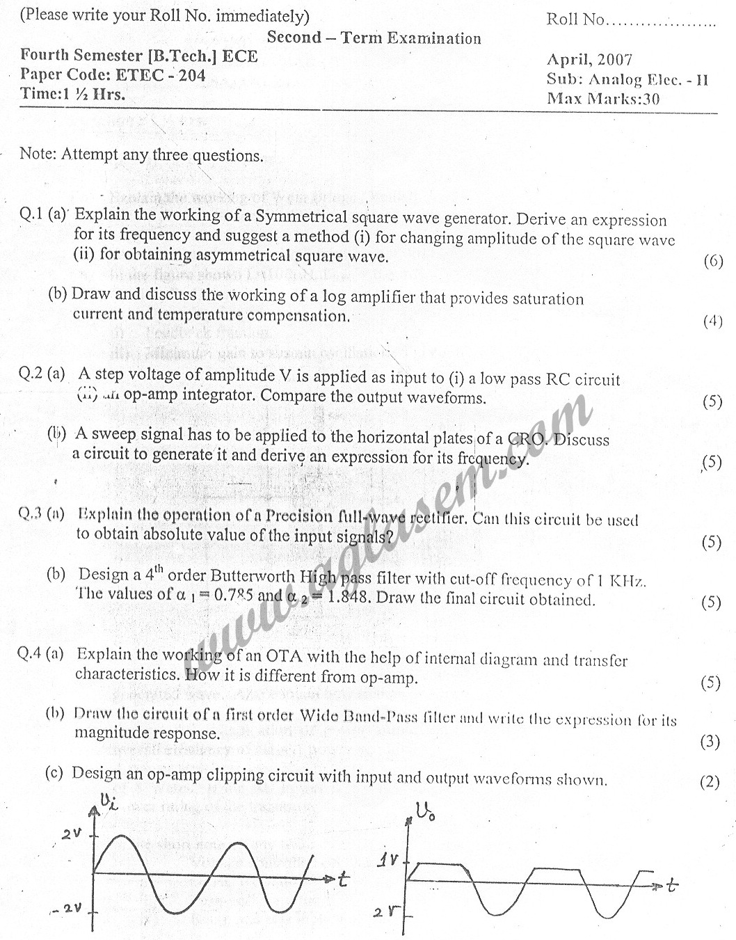 GGSIPU Question Papers Fourth Semester  Second Term 2007  ETEC-204