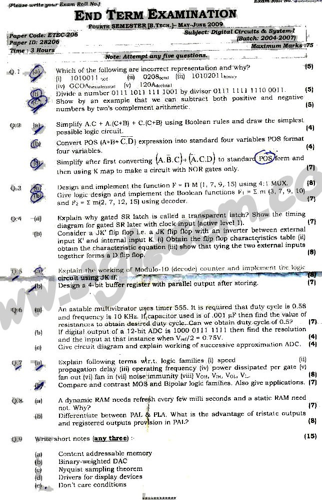 GGSIPU Question Papers Fourth Semester  end Term 2009  ETEC_206