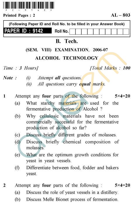 UPTU B.Tech Question Papers - AL-803 - Alcohol Technology