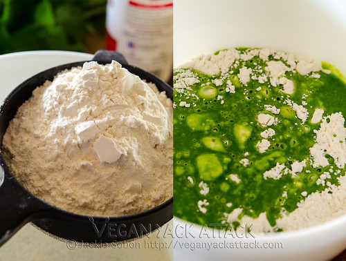 Left pic: Sifting flour into a bowl, right pic: adding wet mixture to dry