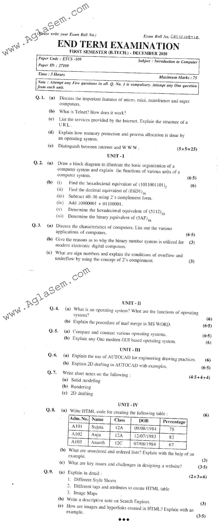 GGSIPU: Question Papers First Semester – End Term 2010 – ETCS-109