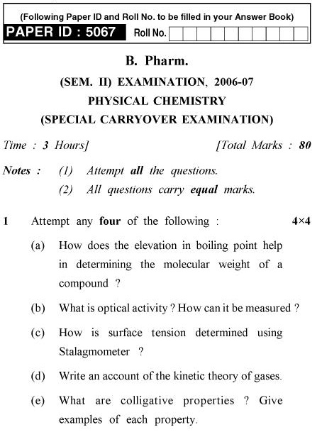 UPTU B.Pharm Question Papers PHAR-121 - Physical Chemistry (Special Carryover Examination)