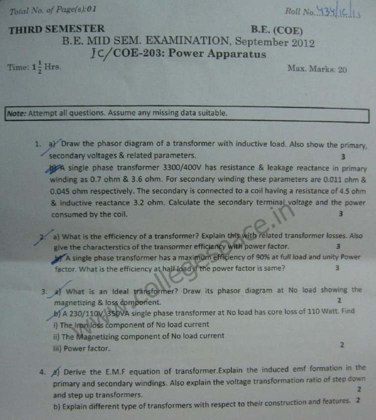 NSIT Question Papers 2012 – 3 Semester - Mid Sem - IC-COE-203