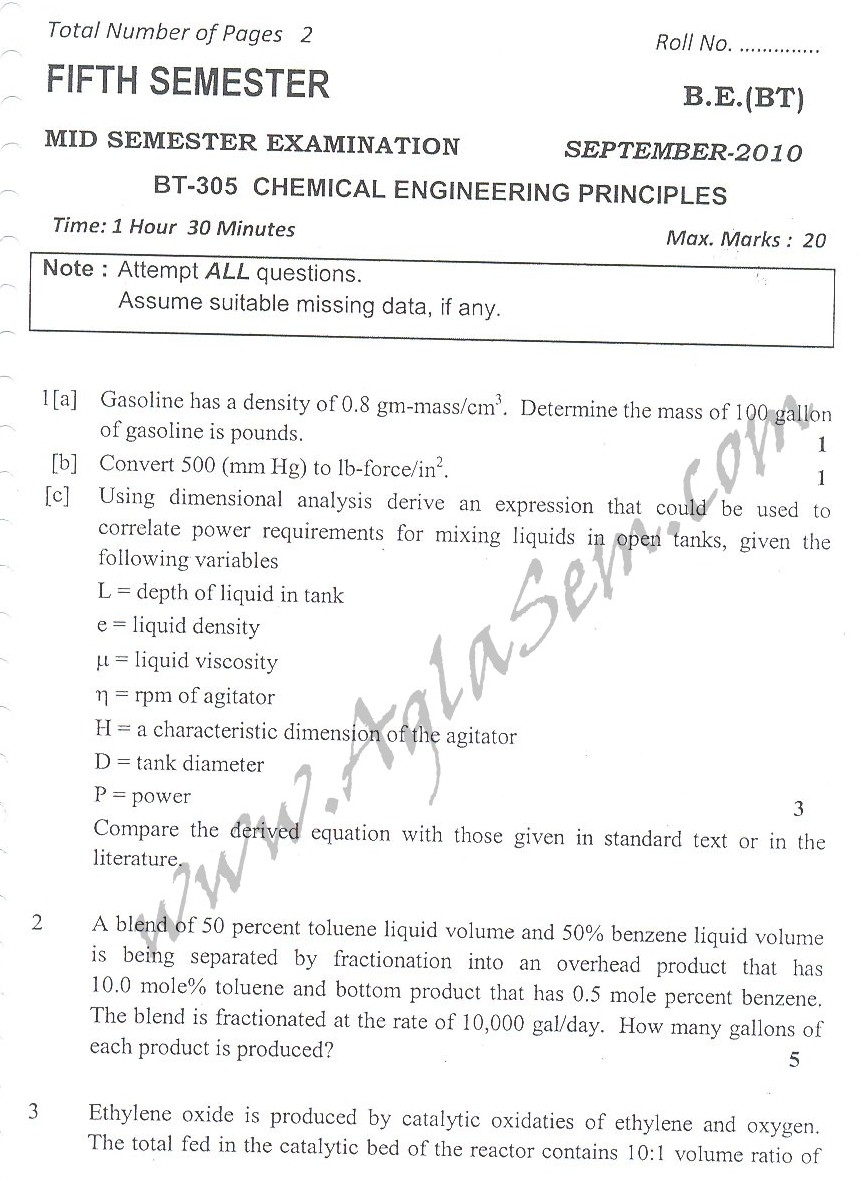 DTU Question Papers 2010 – 5 Semester - Mid Sem - BT-305
