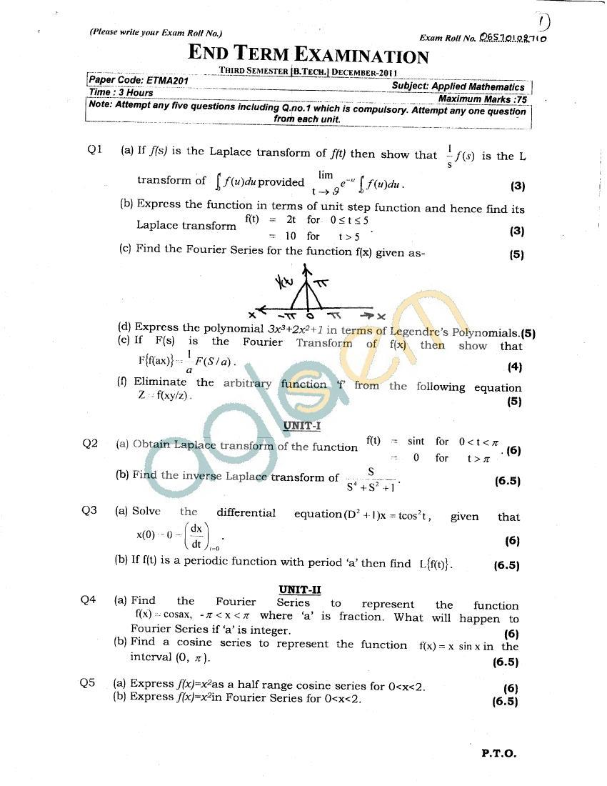 GGSIPU Question Papers Third Semester  End Term 2011  ETMA-201