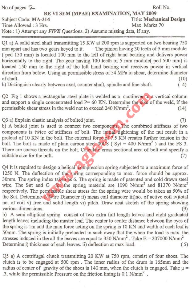 NSIT: Question Papers 2009 – 6 Semester - End Sem - MA-314